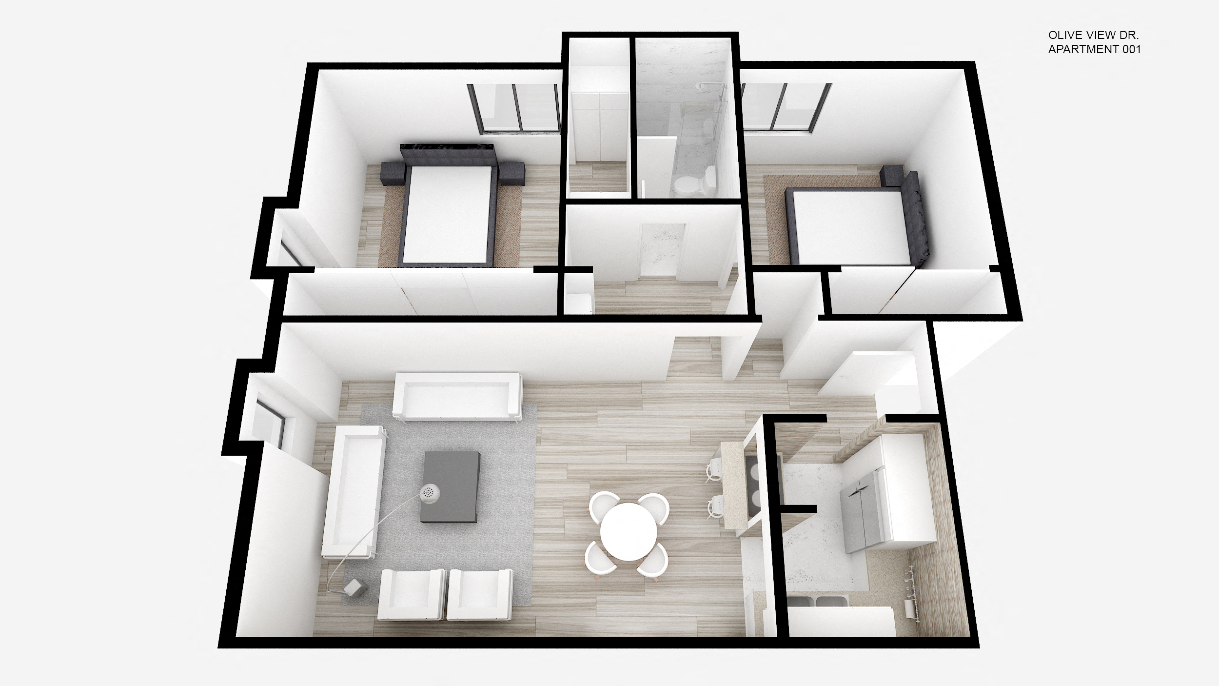Floor plan for 2 beds, 1 bath, 955 sqft